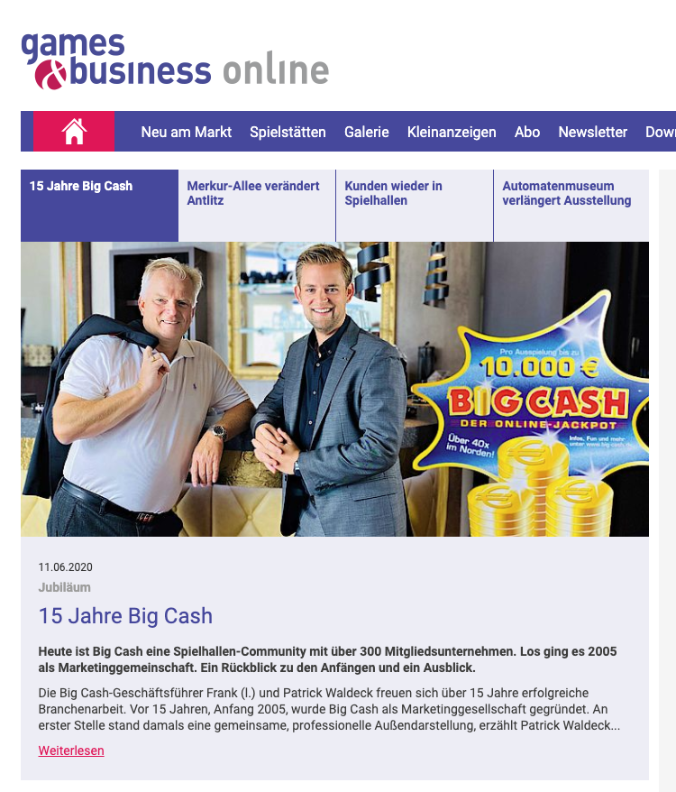 15 Jahre BIG CASH Artikel Games und Business Spielhallen Magazin Patrick Waldeck Frank Waldeck